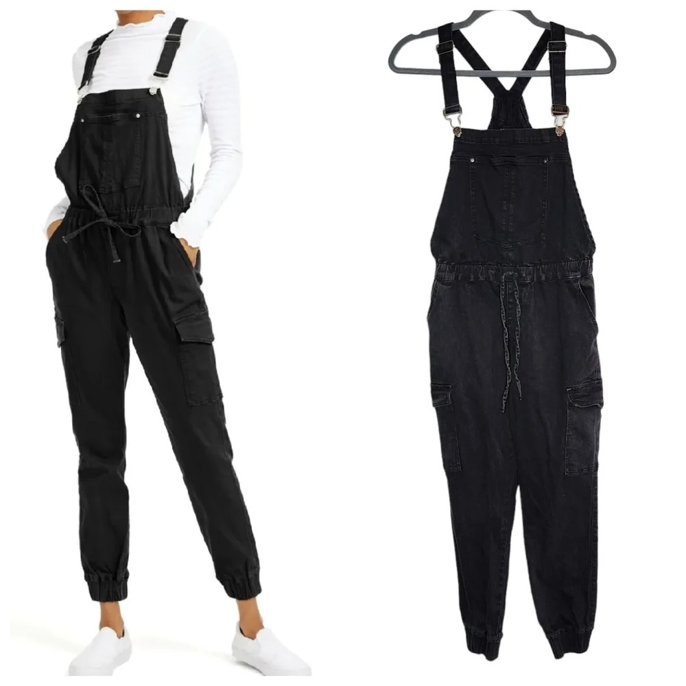 Almost Famous Black Stretch Denim Jogger Cargo‎ Overalls. Size Large